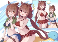  2girls absurdres agnes_tachyon_(lunatic_lab)_(umamusume) agnes_tachyon_(umamusume) ahoge animal_ears antenna_hair banana_boat beach belt bikini bikini_skirt black_bikini black_gloves blue_shorts brown_eyes brown_hair commentary criss-cross_halter daiwa_scarlet_(trifle_vacation)_(umamusume) daiwa_scarlet_(umamusume) frilled_bikini frills gloves green_jacket hair_between_eyes hair_intakes halterneck highres horse_ears horse_girl horse_tail jacket long_hair low_twintails medium_hair micro_shorts multiple_girls nepty_(silkey_vod) ocean oerba_yun_fang official_alternate_costume official_alternate_hairstyle one_eye_closed open_clothes open_fly open_mouth open_shorts pokemon quagsire red_bikini shorts single_glove skin_fang spoken_object swimsuit tail thigh_belt thigh_strap tied_jacket tracen_swimsuit twintails umamusume very_long_hair 