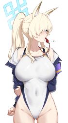  absurdres animal_ear_fluff animal_ears ass_visible_through_thighs blonde_hair blue_archive blue_eyes blue_halo blue_jacket breasts collarbone competition_swimsuit cowboy_shot dog_ears female groin hair_over_one_eye halo highres jacket kanna_(blue_archive) kanna_(swimsuit)_(blue_archive) large_breasts long_hair long_sleeves makarony official_alternate_costume one-piece_swimsuit open_clothes open_jacket simple_background solo swimsuit valkyrie_police_academy_swimsuit whistle whistle_around_neck whistling white_background white_one-piece_swimsuit 