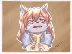  2024 3iurub anthro asphyxiation blush bodily_fluids canid canine choking clothed clothing crying digital_media_(artwork) female fox fur_(theterm) hair hi_res iurub mammal pink_hair sad signature simple_background solo tears 