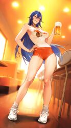  absurdres alcohol alternate_breast_size armpits bare_legs beer beer_mug blue_eyes blue_hair blurry blurry_background breasts ceiling_light closed_mouth counter cup female fire_emblem fire_emblem_awakening hand_on_own_hip highres holding holding_cup hooters legs limart long_hair lucina_(fire_emblem) medium_breasts mug orange_shorts restaurant shoes short_shorts shorts sneakers solo stool table tank_top waitress white_tank_top 