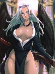  absurdres aged_up angel_wings bare_legs black_jacket black_wings blue_eyes breasts cleavage dark-skinned_female dark_skin earrings eyewear_on_head feathered_wings female highres hoop_earrings jacket jewelry katana large_breasts long_hair looking_at_viewer no_bra one_piece opalis s-snake seraphim_(one_piece) sheath sheathed shirt solo spiked_necklace sunglasses sword thick_thighs thighs weapon white_hair white_shirt wings 