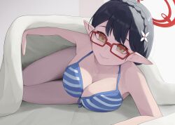  absurdres ayane_(blue_archive) ayane_(swimsuit)_(blue_archive) bare_arms bare_legs bare_shoulders bikini black_hair blue_archive breasts cleavage closed_mouth female glasses halo highres large_breasts looking_at_viewer official_alternate_costume pointy_ears red-framed_eyewear red_halo revision ruha_(ruha12haru) short_hair smile solo striped_bikini striped_clothes swimsuit yellow_eyes 