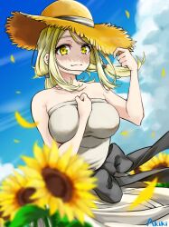  akiki_(kiki) arm_between_breasts artist_name bare_arms bare_shoulders between_breasts black_bow blonde_hair blue_sky blurry blurry_foreground bow breasts closed_mouth cloud cowboy_shot day dress falling_petals female flower hand_on_headwear hands_up hat highres large_bow large_breasts long_dress long_hair looking_at_viewer love_live! love_live!_sunshine!! low_twintails ohara_mari outdoors parted_bangs petals plant shade sky smile solo strapless strapless_dress straw_hat sunflower sunflower_petals twintails waist_bow white_dress yellow_eyes yellow_petals 