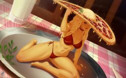  abs barefoot bikini blonde_hair blush breasts cheese cheese_trail choker colored_skin commentary english_commentary female food full_body hat hat_over_one_eye highres long_hair looking_at_viewer medium_breasts mini_person minigirl navel on_plate on_table original pepperoni_pizza personification pizza red_bikini red_choker red_eyes side-tie_bikini_bottom sitting solo swimsuit table themaestronoob thighhighs toes yellow_skin yokozuwari 