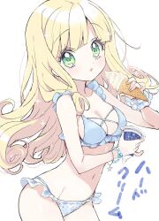  bikini blonde_hair blue_bikini blush bracelet breasts female food green_eyes highres ice_cream jashin-chan_dropkick jewelry long_hair looking_at_viewer medium_breasts navel parted_lips poporon_(jashin-chan_dropkick) simple_background solo sparkle swimsuit white_background yukiwo 