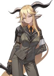  animal_ears arknights armband asymmetrical_sidelocks black_gloves black_jacket black_pants blonde_hair breasts cowboy_shot degenbrecher_(arknights) female gloves goat_ears goat_girl goat_horns hair_between_eyes highres holding holding_sword holding_weapon horns jacket long_hair long_sleeves looking_at_viewer necktie orange_shirt pants shirt siguya simple_background solo sword very_long_hair weapon white_armband white_background yellow_eyes 