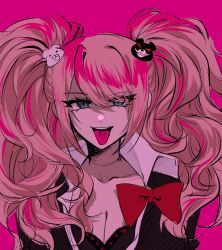  :p bear_hair_ornament black_bra black_shirt blonde_hair blue_eyes bow bra breasts cleavage danganronpa:_trigger_happy_havoc danganronpa_(series) enoshima_junko female hair_ornament large_breasts multicolored_hair peppo_(2cleft_0109) pink_hair red_bow shirt shirt_bow solo teeth tongue tongue_out two-tone_hair underwear upper_body upper_teeth_only 