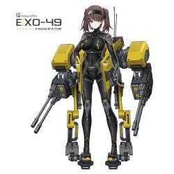  absurdres armor black_bodysuit bodysuit breasts brown_hair cannon controller covered_navel exoskeleton female full_body grey_eyes hairband helldivers_(series) highres joystick large_breasts looking_at_viewer mecha_musume original radio_antenna sherman_(egnk2525) short_hair skin_tight solo standing twintails white_background 