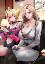  2girls absurdres antenna_hair bare_shoulders belt bird black_belt black_bra black_choker black_shorts blonde_hair bra breasts brown_hair chameleon_(path_to_nowhere) character_request choker cleavage clothing_cutout commentary_request controller couch crop_top detached_sleeves door duck earrings game_controller hair_behind_ear hair_over_one_eye high-waist_dress highres holding holding_controller hood hoodie indoors jewelry lace lace_bra lamp large_breasts looking_at_another low_neckline miniskirt multicolored_hair multiple_girls navel_cutout necklace nof open_mouth pantyhose path_to_nowhere photo_(object) picture_frame pink_eyes pink_hoodie playing_games purple_eyes red_lips shorts sitting skirt streaked_hair two_side_up underwear 