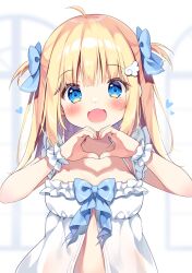  :d ahoge blonde_hair blue_bow blue_eyes blurry blurry_background blush bow breasts commentary_request depth_of_field dress female hairbow hands_up heart heart_hands long_hair looking_at_viewer original pan_(mimi) sleeveless sleeveless_dress small_breasts smile solo ten-chan_(pan_(mimi)) two_side_up upper_body white_dress wing_hair_ornament wrist_cuffs 