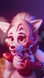  3d_(artwork) absurd_res animatronic anthro bow_tie canid canine close-up clothed clothing colored_nails digital_media_(artwork) ear_piercing eyelashes eyeshadow female five_nights_at_freddy&#039;s five_nights_at_freddy&#039;s_2 fluffyllama12 fox front_view fully_clothed glamrock_mangle_(fnaf) glistening glistening_body glistening_eyes glistening_eyeshadow gloves gold_piercing hair hand_on_chest handwear hi_res humanoid inside lipstick long_snout machine makeup mammal mangle_(fnaf) nails piercing pink_eyeshadow pink_hair pink_inner_ear pink_nails ponytail portrait prick_ears red_bow_tie red_cheeks red_clothing red_gloves red_handwear red_lipstick robot robot_humanoid scottgames sharp_teeth shoulder_pads smile smiling_at_viewer snatchedwig snout solo standing teeth teeth_showing white_body yellow_eyes 