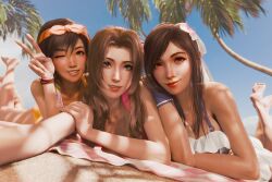  2024 3d 3girls aerith_gainsborough aerith_gainsborough_(pink_mermaid) arm_support beach bikini black_hair blender blue_sky bracelet breasts brown_eyes brown_hair cleavage day feet female female_focus female_only final_fantasy final_fantasy_vii final_fantasy_vii_rebirth final_fantasy_vii_remake flower_in_hair green_eyes highres large_breasts long_hair lying_on_stomach on_belly one_eye_closed outdoors palm_tree peace_sign pink_bikini red_eyes ria-neearts sand selfie short_hair sidelocks smile square_enix summer swimsuit tifa_lockhart tifa_lockhart_(shining_spirit) white_bikini yuffie_kisaragi 