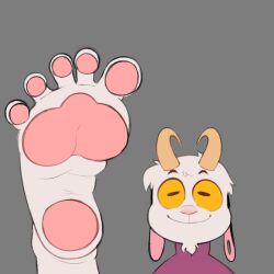  1:1 5_toes anthro bovid caprine caprine_demon clothed clothing demon digital_media_(artwork) feet foot_fetish foot_focus fur furby_(twistedfurby) goat goat_demon horn humanoid_feet looking_at_viewer male mammal meme pawpads plantigrade simple_background smile soles solo toes twistedfurby white_body yellow_eyes 