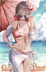  bikini brown_hair character_name criss-cross_strings female flower goddess_of_victory:_nikke highres navel net official_alternate_costume oil-paper_umbrella pinjirooo red_bikini red_eyes red_flower sakura_(bloom_in_summer)_(nikke) sakura_(nikke) solo sunglasses swimsuit umbrella 