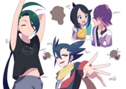  1boy 3girls :d armpits arrow_(symbol) black_hair black_shirt blue_eyes brown_eyes cardigan clenched_hand clodsire closed_mouth clothes_lift commentary_request dot_(pokemon) green_hair grey_shorts grimsley_(pokemon) hair_between_eyes hair_ornament hairclip hand_up index_finger_raised jacket liko_(pokemon) long_hair multiple_girls navel one_eye_closed open_mouth outstretched_arm paldean_wooper pointy_hair pokemon pokemon_(anime) pokemon_(creature) pokemon_bw pokemon_horizons print_shirt purple_cardigan purple_hair rika_(pokemon) rikinako380 scarf shirt shirt_lift shorts smile spread_fingers stretching sweatdrop t-shirt tank_top teeth upper_teeth_only white_background white_shirt yellow_bag yellow_scarf 