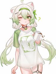  ahoge animal_ears asymmetrical_legwear choker cup female ferret_ears ferret_girl food food-themed_necklace fruit gradient_hair green_eyes green_hair hair_between_eyes highres holding holding_cup hot_chocolate laimu_(vtuber) lime_(fruit) lime_necklace lime_slice long_hair looking_at_viewer marshmallow multicolored_hair nightbawnana one_eye_closed print_shirt shirt solo t-shirt thigh_strap vinesauce virtual_youtuber white_background white_hair 