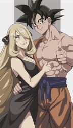  1boy black_dress black_eyes black_hair blonde_hair breasts cleavage collarbone couple crossover cynthia_(pokemon) dragon_ball dragon_ball_z dress female grey_eyes grin hair_ornament hand_on_another&#039;s_hip highres large_breasts large_pectorals long_hair looking_at_another looking_at_viewer muscular muscular_male orange_pants pants pectorals pokemon pokemon_dppt single_bare_shoulder smile son_goku spiked_hair straight thumbs_up very_long_hair vivivoovoo 