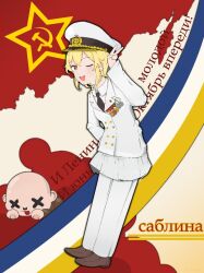  1boy bald blonde_hair brown_footwear check_translation chibi communism death female flag_background hammer_and_sickle hat hearts_of_iron ikustas_nir military military_hat military_uniform one_eye_closed open_mouth red_eyes rule_63 russian_text soviet standing tongue tongue_out translation_request uniform v valery_sablin 