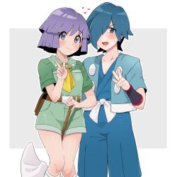  1boy :d belt black_wristband blush border brown_belt bugsy_(pokemon) butterfly_net closed_mouth commentary_request falkner_(pokemon) female green_shirt green_shorts grey_background hand_net heart highres holding jacket kneehighs knees open_clothes open_jacket open_mouth pokemon pokemon_hgss purple_eyes purple_hair sana_(37pisana) shirt short_hair short_sleeves shorts smile socks sweatdrop white_border white_socks 