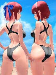  2girls ass back bare_shoulders beach blue_eyes blue_sky blush breasts competition_swimsuit highres hisui_(tsukihime) kohaku_(tsukihime) large_breasts looking_at_viewer looking_back multiple_girls one-piece_swimsuit red_hair shore short_hair sky swimsuit thighs tsukihime variant_set wa_(genryusui) yellow_eyes 