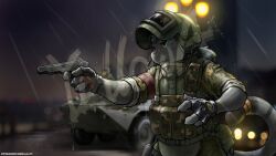  altyn_helmet anthro apc armor camo clothing detailed_background felid feline fingerless_gloves gloves gun handgun handwear headgear helmet hi_res him_army male mammal military pistol pouches raining ranged_weapon solo vehicle weapon 