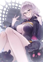  baphomet_(fate) belt black_dress black_jacket blue_eyes blush breasts cleavage cropped_jacket dress fate/grand_order fate_(series) female glasses grey_hair highres hood hooded_jacket jacket jacques_de_molay_(foreigner)_(fate) jacques_de_molay_(foreigner)_(second_ascension)_(fate) lamb large_breasts licking_lips long_sleeves looking_at_viewer muneomon_(takomon) open_clothes open_jacket sheep shield short_dress short_hair smile thighs tongue tongue_out 