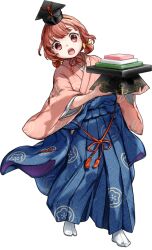  blue_hakama brown_eyes brown_hair female full_body hair_rings hakama hat hina_ningyou hishimochi hozuka_(kadokawa) japanese_clothes kaiboukan_no._4_(hinamatsuri_mode)_(kancolle) kaiboukan_no._4_(kancolle) kantai_collection kimono long_hair looking_at_viewer low_twintails official_art open_mouth round_teeth socks solo standing tabi tate_eboshi teeth transparent_background tray twintails upper_teeth_only white_socks yellow_kimono 