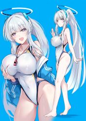  bare_arms bare_legs bare_shoulders barefoot blue_archive blue_background blue_jacket blush breasts competition_swimsuit covered_navel female grey_hair groin halo inoue_takuya_(tactactak) jacket large_breasts long_hair long_sleeves mechanical_halo multiple_views noa_(blue_archive) one-piece_swimsuit open_clothes open_jacket open_mouth purple_eyes simple_background smile swimsuit whistle whistle_around_neck white_one-piece_swimsuit 