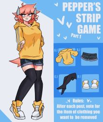  blue_eyes fully_clothed hoodie horns jean_shorts light_skin original original_character pepper_(triicksyn) pink_hair shoes shorts stockings strip_game thighhighs triicksyn yellow_clothing 