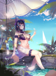  absurdres animal_band animal_ears arm_garter artist_name azur_lane beach_umbrella bikini blue_eyes blue_sky bottomless breasts bridal_garter cheshire_(azur_lane) cheshire_(summery_date!)_(azur_lane) day eyewear_on_head fake_animal_ears female highres large_breasts long_ribbon looking_at_viewer manjuu_(azur_lane) multicolored_hair no_panties official_alternate_costume outdoors palm_leaf photoshop_(medium) purple_bikini see-through sky soaking_feet solo strapless strapless_bikini streaked_hair sunglasses swimsuit tinted_eyewear umbrella v veeluna 