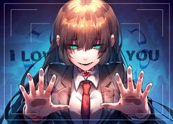  against_fourth_wall aosoraa6 black_jacket body_horror breasts brown_hair collared_shirt commentary_request employee_(project_moon) english_text female green_eyes jacket lobotomy_corporation long_hair long_sleeves necktie nothing_there open_clothes open_jacket open_mouth project_moon red_necktie shirt small_breasts smile suit white_shirt 