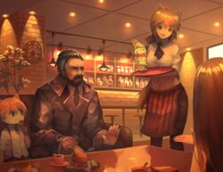  1boy 3girls american_flag american_flag_print animal_ears beard berezovich_kryuger_(girls&#039;_frontline) burger cafe cat_ears clock cup dog_ears eating extra_ears facial_hair flag_print food girls&#039;_frontline griffin_&amp;_kryuger_military_uniform harufude helianthus_(girls&#039;_frontline) ice_cream idw_(girls&#039;_frontline) indoors m500_(girls&#039;_frontline) multiple_girls pantyhose pudding spoon sundae teacup waitress wall_clock 