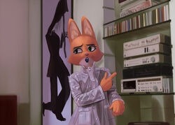  2022 american_psycho anthro biped book canid canine cassette_player clothed clothing coat detailed_background diane_foxington digital_media_(artwork) draw_over dreamworks duo electronics english_text eyebrow_piercing eyelashes facial_piercing female fox fully_clothed fur fur_tuft gesture hair half-length_portrait hand_gesture inner_ear_fluff mammal music_player open_mouth orange_body orange_fur painting parody piercing pointing portrait raincoat record_player snao standing text the_bad_guys topwear tuft 