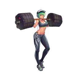  abs barbell baseball_cap breasts cleavage dark-skinned_female dark_skin digital_media_player earphones exercising female full_body game_cg gloves green_hair grin hat highres large_breasts last_origin looking_at_viewer mighty_r navel official_art one_eye_closed red_eyes shoes short_hair sima_(startwitch) skin_tight smile sneakers solo spandex sports_bra strong tachi-e tan toned transparent_background weightlifting weights 