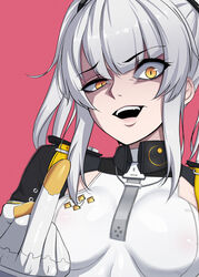  absurdres breasts chinese_commentary commentary disgust female gloves grey_hair highres karenina:_scire_(punishing:_gray_raven) karenina_(punishing:_gray_raven) lzypoipoi medium_breasts medium_hair middle_finger open_mouth orange_eyes punishing:_gray_raven red_background shaded_face sidelocks solo teeth two_side_up upper_teeth_only white_gloves 