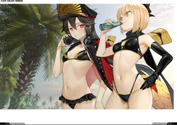  2girls :t absurdres bikini black_bikini black_gloves black_hair black_headwear blonde_hair blue_sky bottle breasts closed_mouth cloud commentary_request crest day drinking elbow_gloves family_crest fate/grand_order fate_(series) gloves glowing hair_between_eyes hand_on_headphones hand_on_own_hip hat headphones headphones_around_neck highleg highleg_bikini highres holding holding_bottle jacket jacket_on_shoulders layered_bikini long_hair multiple_girls navel nyatabe oda_nobunaga_(fate) oda_nobunaga_(swimsuit_berserker)_(fate) oda_nobunaga_(swimsuit_berserker)_(second_ascension)_(fate) oda_uri okita_j._souji_(fate) okita_j._souji_(first_ascension)_(fate) okita_souji_(fate) outdoors palm_tree peaked_cap photoshop_(medium) ramune ranguage red_eyes red_jacket single_glove sky small_breasts swimsuit tree typo very_long_hair yellow_eyes 