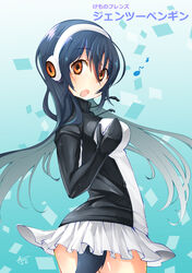  :o black_hair black_hoodie character_name chiki_yuuko commentary_request copyright_name cowboy_shot drawstring female gentoo_penguin_(kemono_friends) hair_between_eyes headphones hood hoodie kemono_friends musical_note open_mouth orange_eyes penguin_girl penguin_tail skirt solo tail translated two-tone_hoodie white_hoodie white_skirt 