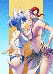  2girls after_kiss armlet ass asymmetrical_docking bad_ass bare_shoulders bikini blue_bikini blue_eyes blue_hair breast_press breasts cleavage cleavage_cutout clothing_cutout curled_horns eye_contact fire_emblem fire_emblem_heroes flower flower_necklace freyja_(fire_emblem) freyja_(summer)_(fire_emblem) goat_horns grey_hair hand_on_own_hip highres horns ice_horns juunishi_aya large_breasts looking_at_another medium_breasts multiple_girls navel nifl_(fire_emblem) nifl_(summer)_(fire_emblem) official_alternate_costume official_alternate_hairstyle ponytail red_eyes red_horns saliva saliva_trail side-tie_bikini_bottom swimsuit thorns two-tone_bikini two-tone_swimsuit white_bikini yuri 