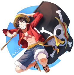  1boy abs denim denim_shorts flag hand_on_hat hat male_focus monkey_d_luffy one_piece open_shirt pirate pirate_flag red_shirt sandals sash scar shirt shorts solo somemiya_suzume straw_hat teeth 