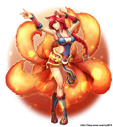  ahri alternate_costume alternate_hair_color animal_ears bangs braid breasts cleavage collarbone facial_mark female fox_ears fox_tail foxfire_ahri highres large_breasts league_of_legends long_hair multiple_tails red_hair single_braid solo tail whisker_markings yellow_eyes 