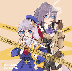  2girls absurdres alternate_costume ascot belt belt_bag beret black_shorts blue_eyes blue_hair brown_bag brown_belt brown_gloves brown_jacket brown_sleeves coattails detective fu_hua fu_hua_(hawk_of_the_fog) fu_hua_(valkyrie_accipiter) gloves grey_hair hat high_ponytail highres homu_(honkai_impact) honkai_(series) honkai_impact_3rd jacket long_hair long_sleeves looking_at_viewer magnifying_glass meme monocle multiple_girls official_alternate_costume open_clothes open_jacket pipe_in_mouth ponytail purple_ascot shirt shorts simple_background smoke smoking smoking_pipe teri_derp_(meme) theresa_apocalypse theresa_apocalypse_(valkyrie_pledge) tutou_jiang white_hair white_shirt yellow_background 