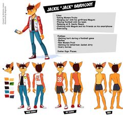  activision anthro athletic_wear bandicoot bottomwear boxers_(clothing) brown_hair cellphone clothed clothing crash_(series) denim denim_bottomwear denim_clothing electronics english_text fan_character food footwear fruit gym_bottomwear gym_shorts hair hi_res jacket jeans jock letterman_jacket magaska19 male mammal marsupial model_sheet number pants phone plant shirt shoes shorts smartphone sneakers solo tank_top text topwear underwear wumpa_fruit 