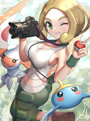  absurdres ass bad_id bad_twitter_id blonde_hair breasts camera crop_top female gonzarez green_eyes highres holding holding_camera holding_poke_ball large_breasts looking_at_viewer masquerain one_eye_closed poke_ball poke_ball_(basic) pokemon pokemon_(creature) pokemon_xy silk sleeveless smile spider_web surskit teeth viola_(pokemon) 