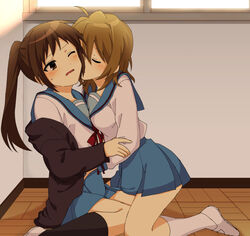  2girls ahoge bad_id bad_pixiv_id black_socks blue_sailor_collar blue_skirt blush breasts brown_cardigan brown_eyes brown_hair cardigan closed_eyes commentary_request genderswap_(mtf) holding_another&#039;s_arm hug indoors kita_high_school_uniform kneehighs kneeling koizumi_itsuki_(female) kyonko light_rays long_hair long_sleeves medium_breasts moaning multiple_girls on_floor one_eye_closed open_cardigan open_clothes open_mouth ponytail red_ribbon ribbon rule_63 sailor_collar school_uniform serafuku shoes short_hair sitting skirt small_breasts smelling socks suzumiya_haruhi_no_yuuutsu sweat uwabaki wakoo_(inu_daruma) white_footwear white_socks window winter_uniform yuri 