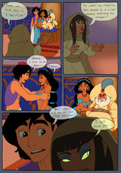  2boys 2girls aladdin aladdin_(character) arms black_hair breasts brown_eyes brown_hair cape cat_eyes cheating cleavage clothed clothing comic dark_skin disguise disney disney_prince disney_princess dontfapgirl earrings english english_text evil_grin female grin grinning hands hips hoodie human human_disguise imminent_cheating jewelry lips lipstick long_hair male mirage_(aladdin) necklace open_mouth princess_jasmine short_hair smile speech_bubble sultan_(aladdin) text 