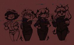  4girls angel azazel bracelet chibi cowboy_shot demon_girl demon_horns demon_tail doki_doki_literature_club frown glitch halo hand_on_hip helltaker horns jewelry leigh-chan looking_at_viewer lucifer malina_(helltaker) modeus_(helltaker) multiple_girls red_background tail 