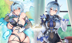  ass au11 bare_shoulders black_hairband blue_hair blue_necktie book book_stack breasts cape character_name covered_navel eula_(genshin_impact) female genshin_impact gloves hair_ornament hairband head_rest large_breasts leotard long_sleeves looking_at_viewer lying medium_hair multiple_views necktie on_side open_mouth purple_eyes slime_(genshin_impact) smile thighs upper_body window 