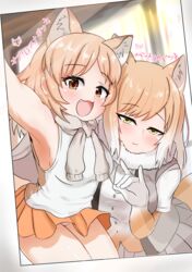  2girls akaisuto animal_ears armpits bad_id bad_pixiv_id bare_arms bare_shoulders blush breasts brown_eyes character_name closed_mouth commentary_request elbow_gloves extra_ears fox_ears fox_girl fox_shadow_puppet fox_tail fur_collar gloves half-closed_eyes highres indoors kemono_friends light_brown_hair light_smile looking_at_viewer medium_hair microskirt multicolored_hair multiple_girls oerba_yun_fang open_mouth outstretched_arm pale_fox_(kemono_friends) panties parted_bangs photo_(object) pink_panties pleated_skirt reaching reaching_towards_viewer selfie shirt short_sleeves side-by-side sideboob sidelocks skirt sleeveless sleeveless_shirt smile sweater sweater_around_neck tail tareme tibetan_fox_(kemono_friends) tsurime two-tone_hair underwear vest white_hair yellow_eyes 