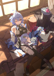  2girls absurdres ahoge bare_shoulders bell black_pantyhose blue_hair breasts bsue closed_eyes commentary couch cowbell detached_sleeves full_body ganyu_(genshin_impact) genshin_impact gloves hat highres indoors jiangshi lap_pillow long_sleeves medium_breasts multiple_girls on_couch one_eye_closed open_mouth pantyhose paper pillow purple_eyes purple_hair qiqi_(genshin_impact) shorts sitting sleeping sleepy symbol-only_commentary talisman thighhighs window 