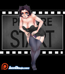  backless_dress backless_outfit bare_shoulders betty_boop betty_boop_(series) black_dress black_hair black_thighhighs blue_eyes breasts cleavage dress female full_body highres jago_dibuja large_breasts leaning_forward looking_at_viewer panties parted_lips patreon_logo photoshop_(medium) purple_panties short_hair solo standing strapless strapless_dress thighhighs underwear watermark web_address 